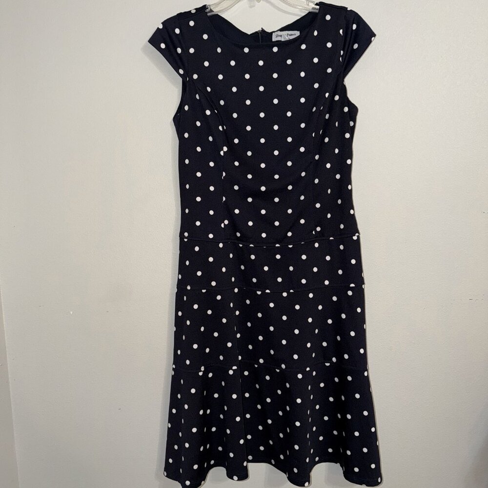 Polka Dot Dress Navy White Cap Sleeve‎ Drop Waist Shelby & Palmer Preppy Small